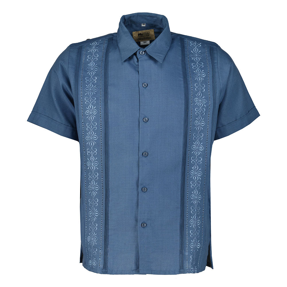 Guayabera con bordado artesanal azul acero1
