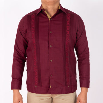 Guayabera Vino bordado vino, Manga Larga, lino, Tikal