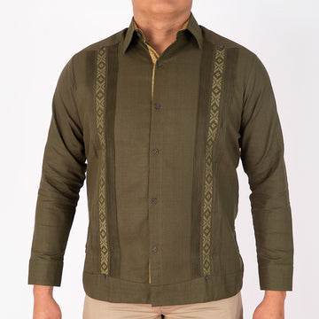 Guayabera Verde, Manga Larga de Hombre, lino, Modelo Tikal