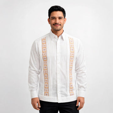 Guayabera Bordada con Detalles Café - Modelo Tekit