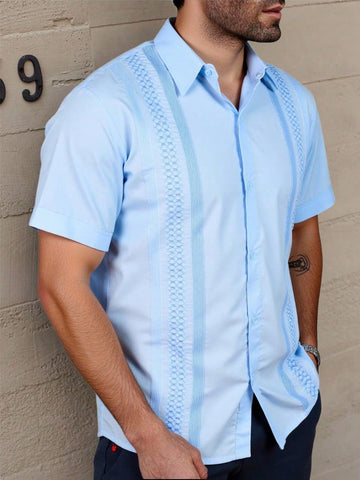 Guayabera Hombre Manga Corta Azul Cielo Bordada Yucateca