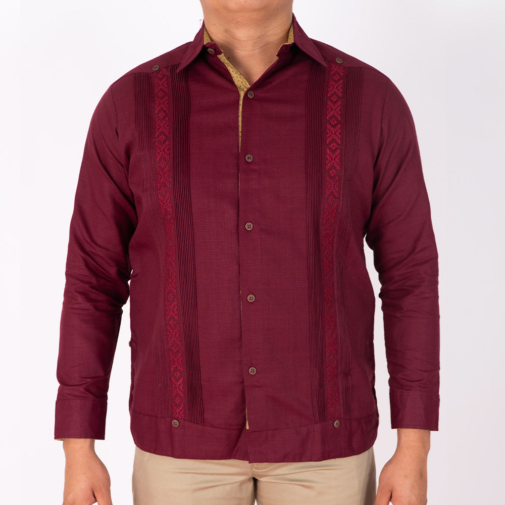 Guayabera Vino bordado vino, Manga Larga, lino, Tikal