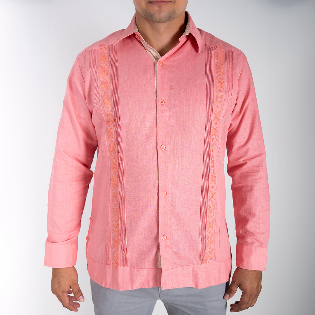 Guayabera bordada Coral, Manga Larga, lino, Modelo Tikal