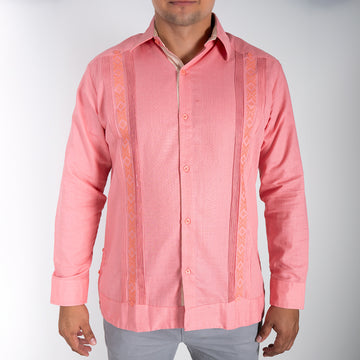 Guayabera bordada Coral, Manga Larga, lino, Modelo Tikal
