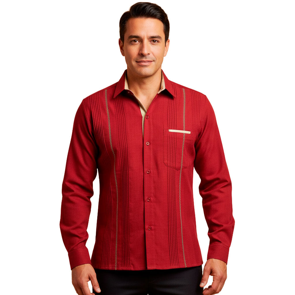 Guayabera camisa vino con picueta kaki