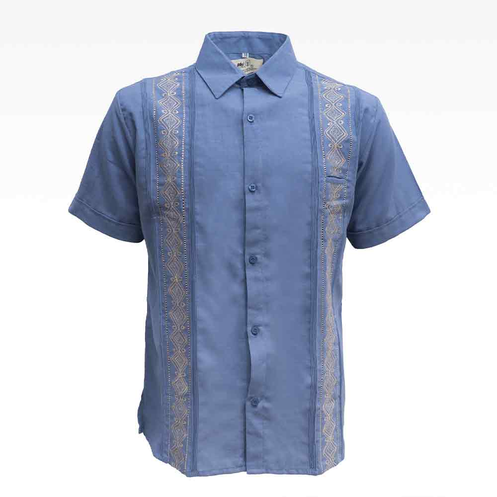 Guayabera Azul Acero Bordado Artesanal Kaki
