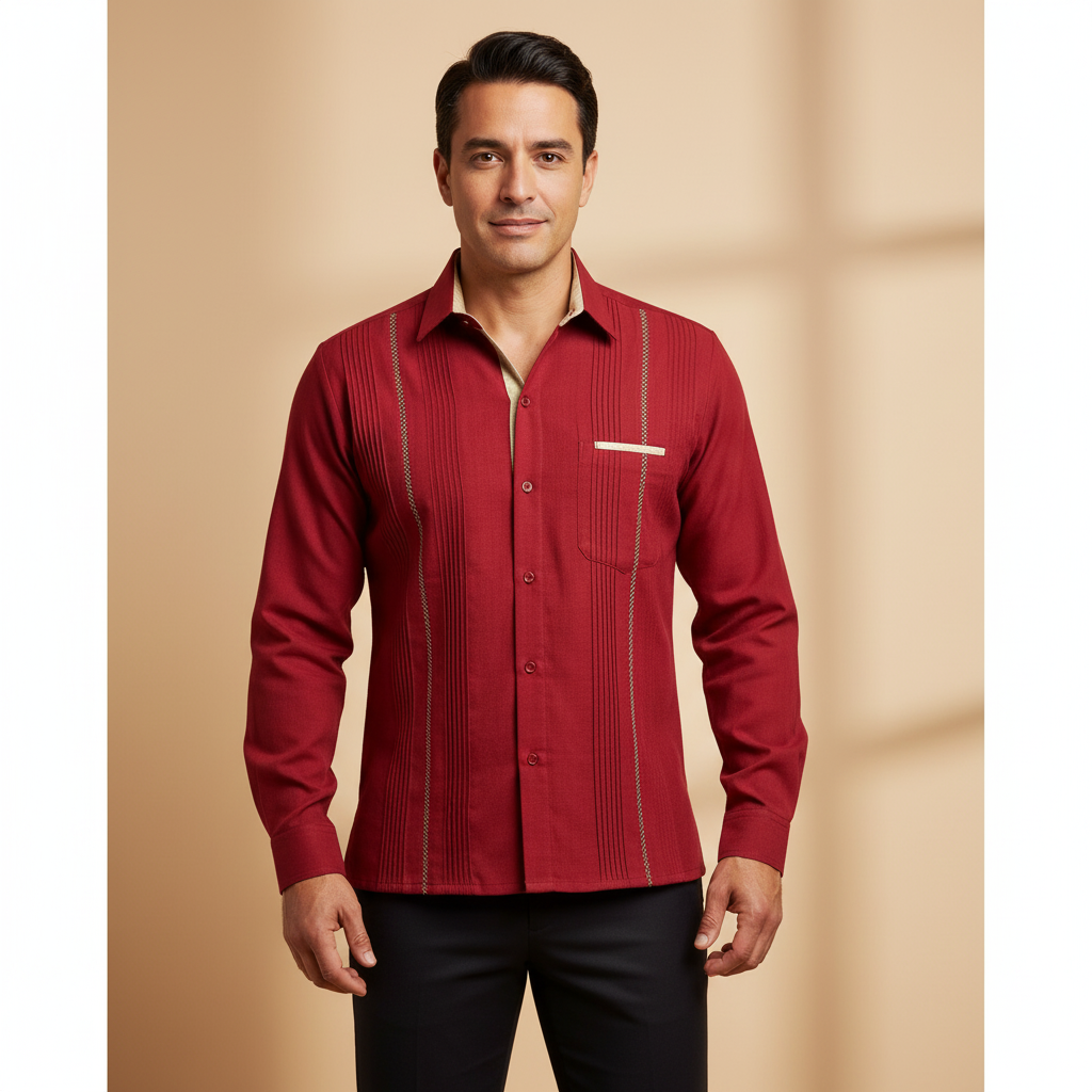 Guayabera camisa vino con picueta kaki