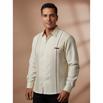 Guayabera Beige Manga Larga Picueta Vino