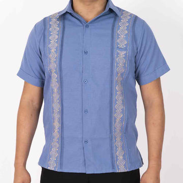 Guayabera Azul Acero Bordado Artesanal Kaki