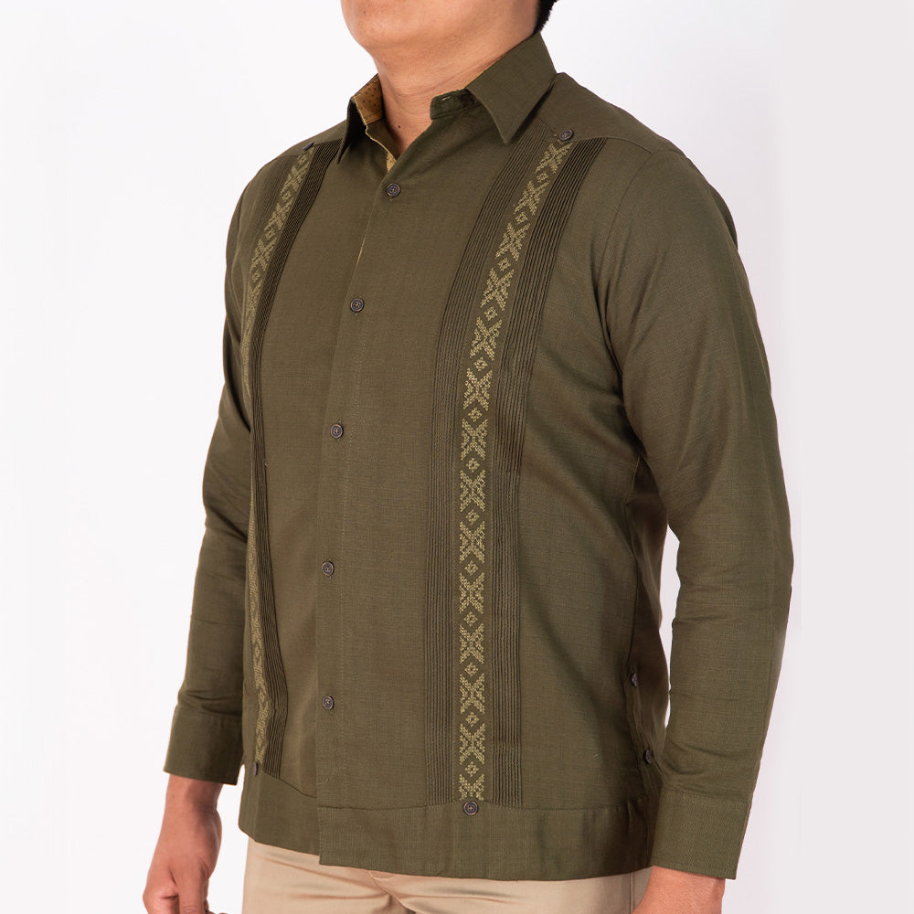 Guayabera Verde, Manga Larga de Hombre, lino, Modelo Tikal